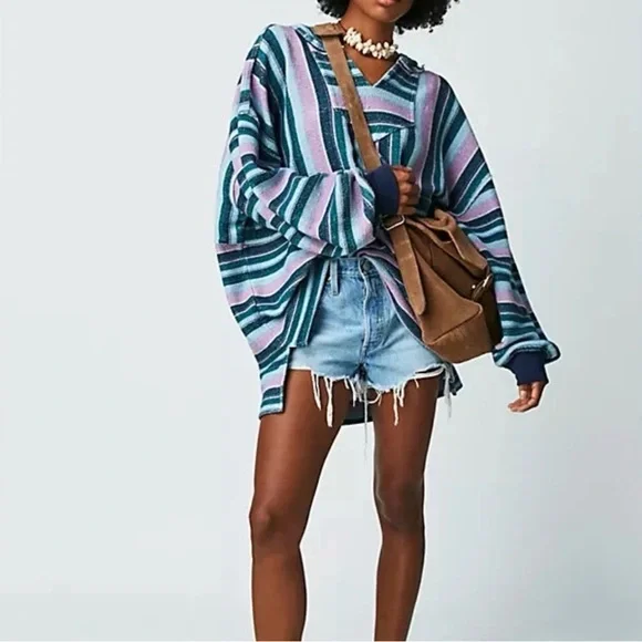 Free People Baja Sweatshirt Oversized V Neck Striped Printed Hoodie Tunic Top S - Picture 2 of 15